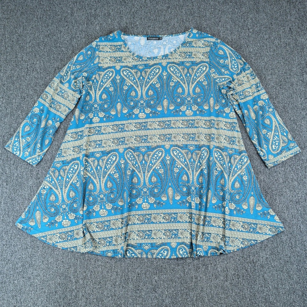 Veranee Boho Paisley Tunic Top Women 2XL Blue 3/4 Sleeve Flowy Flare Blouse
